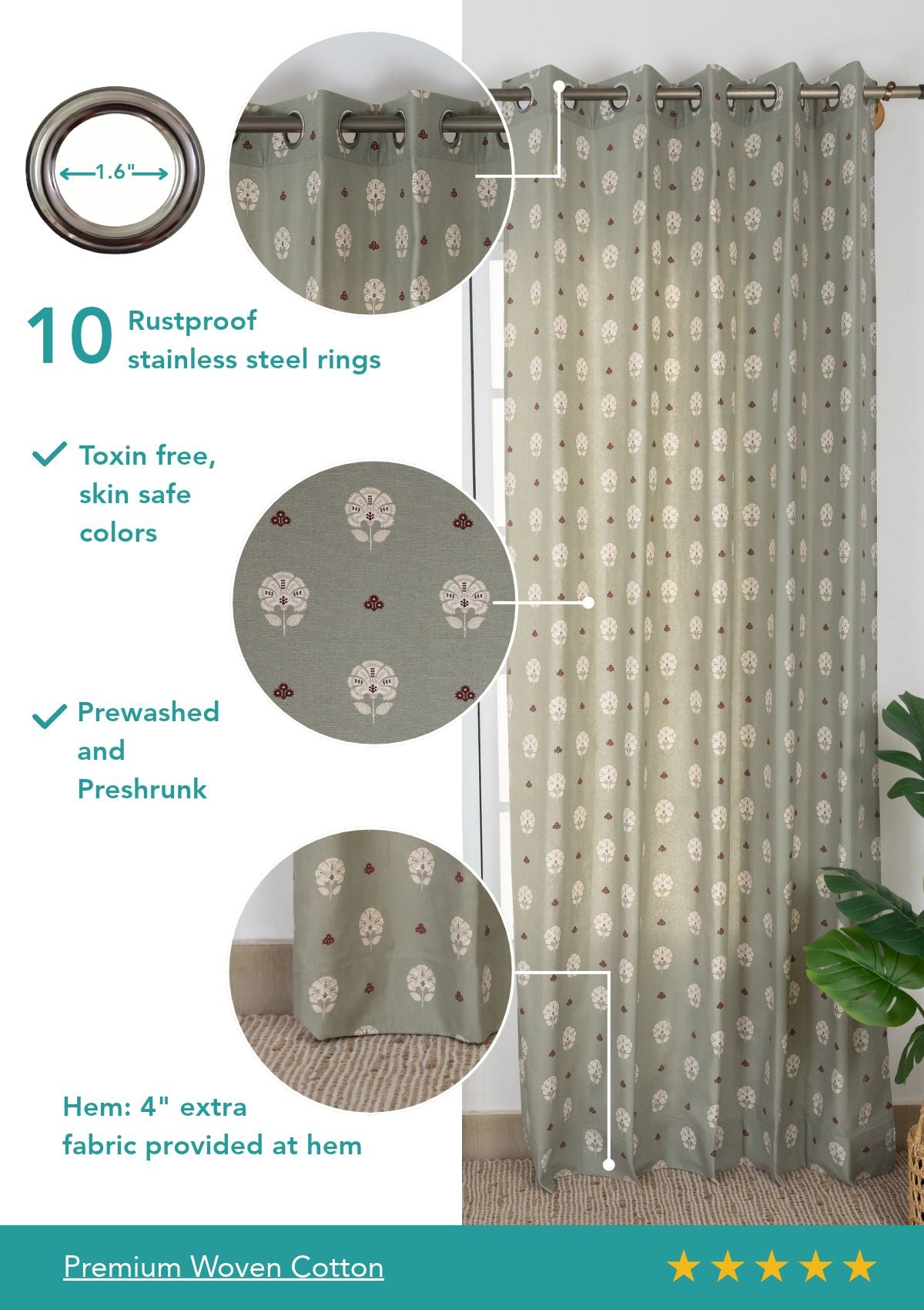 Gulnar Green Ethnic 100% Cotton Printed Curtain For Livingroom / Bedroom | Room Darkening | Single Piece