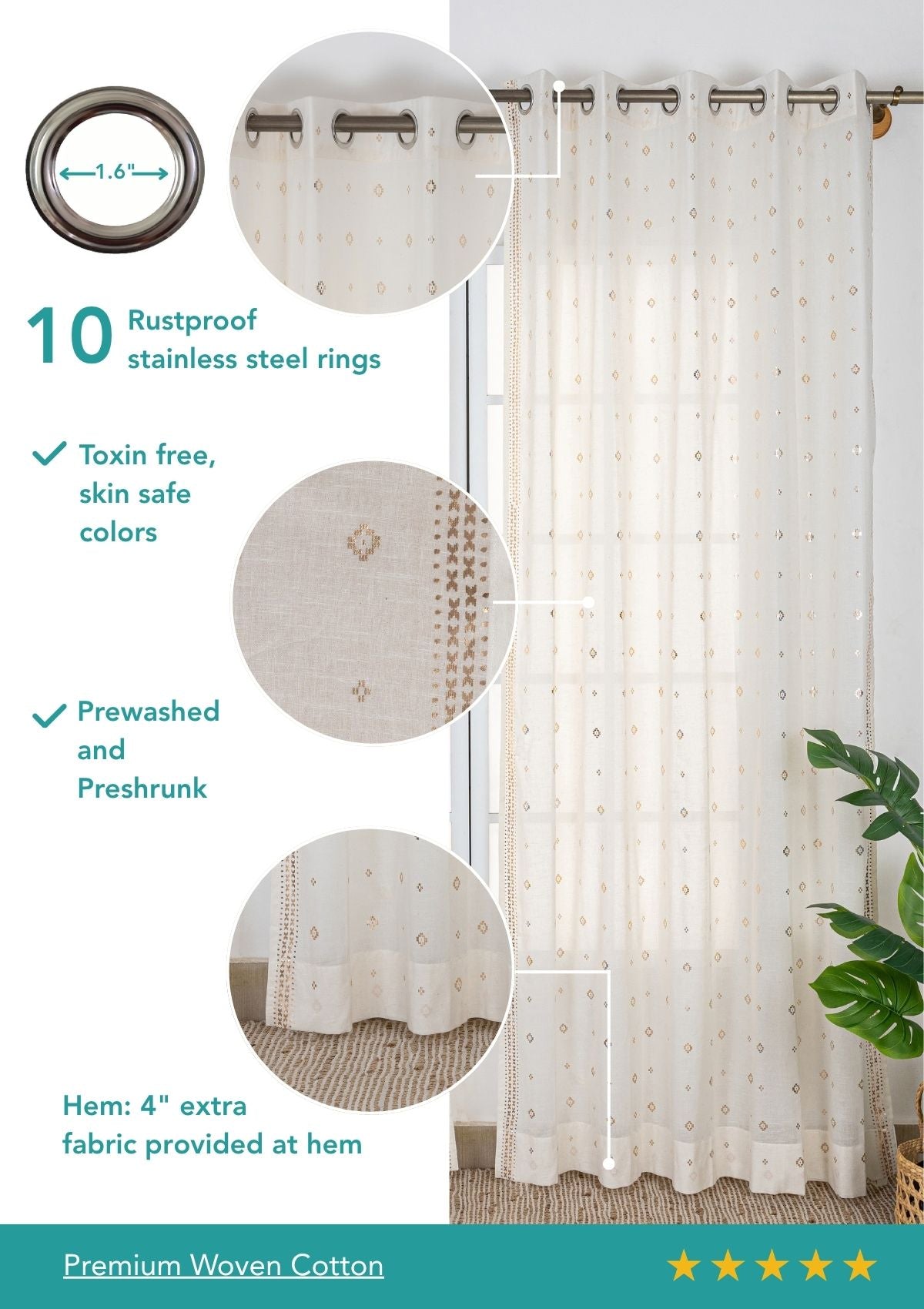 Kani Copper Beige Geometric 100% Cotton Sheer Printed Curtain For Livingroom / Bedroom | Light Filtering | Single Piece