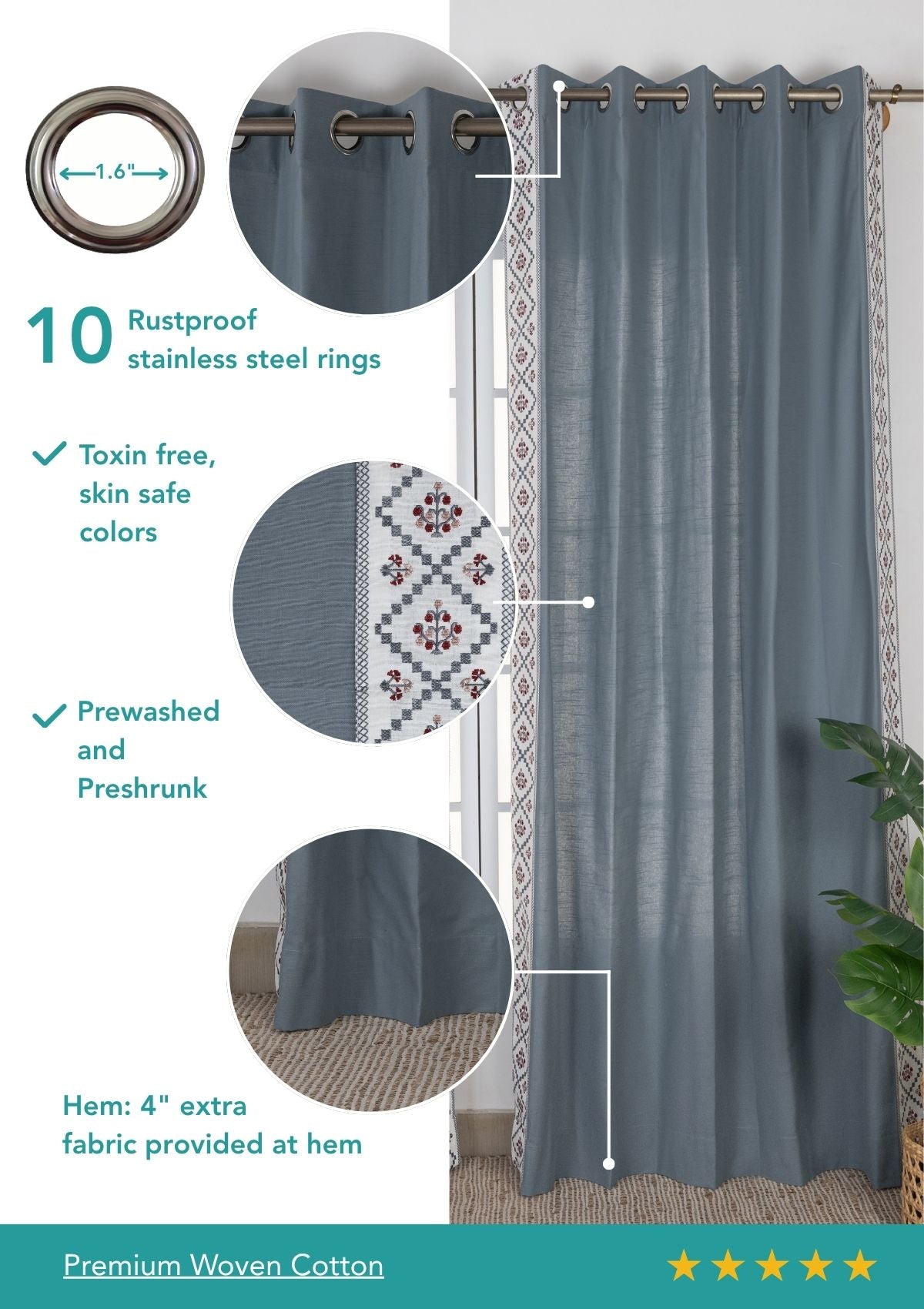 Ketaki Nilgiri Blue & Pink Geometric Linen Cotton Blend Embroidered Curtain For Livingroom / Bedroom | Room Darkening | Single Piece