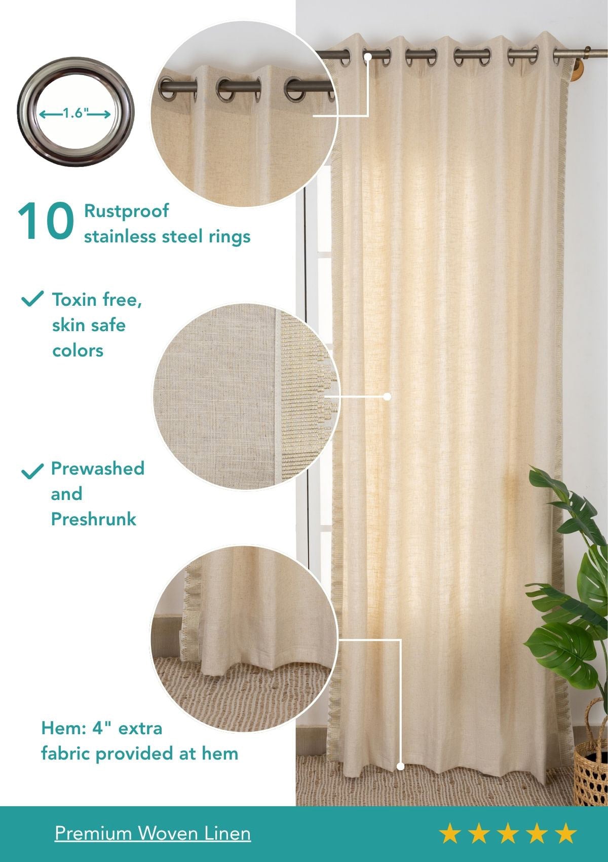 Kinari Solid Linen Gold & Beige Ethnic Cotton Blend Textured Curtain For Livingroom / Bedroom | Light Reduction | Single Piece