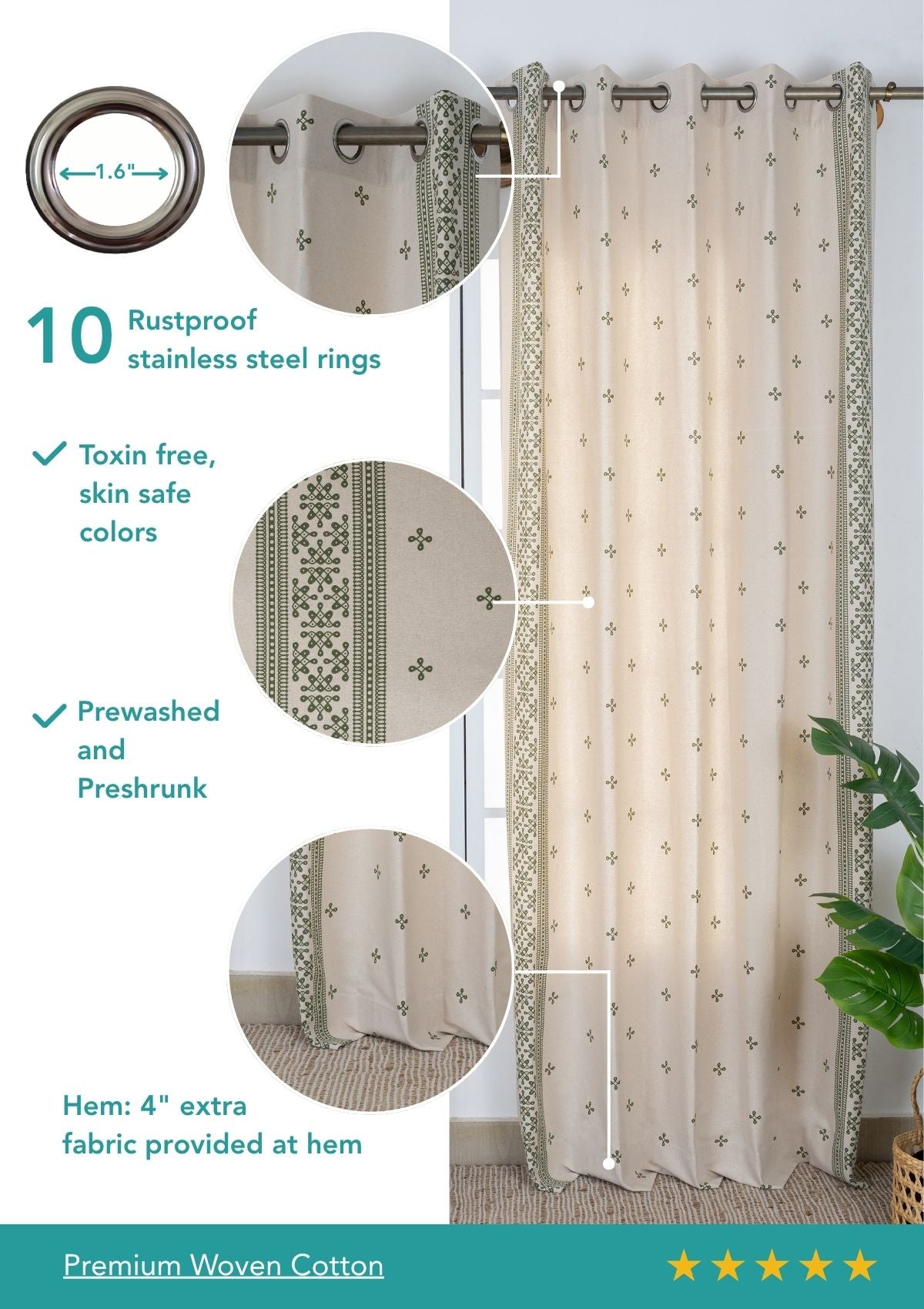 Kolam Pepper Green Minimal 100% Cotton Printed Curtain For Livingroom / Bedroom | Light Reduction | Single Piece