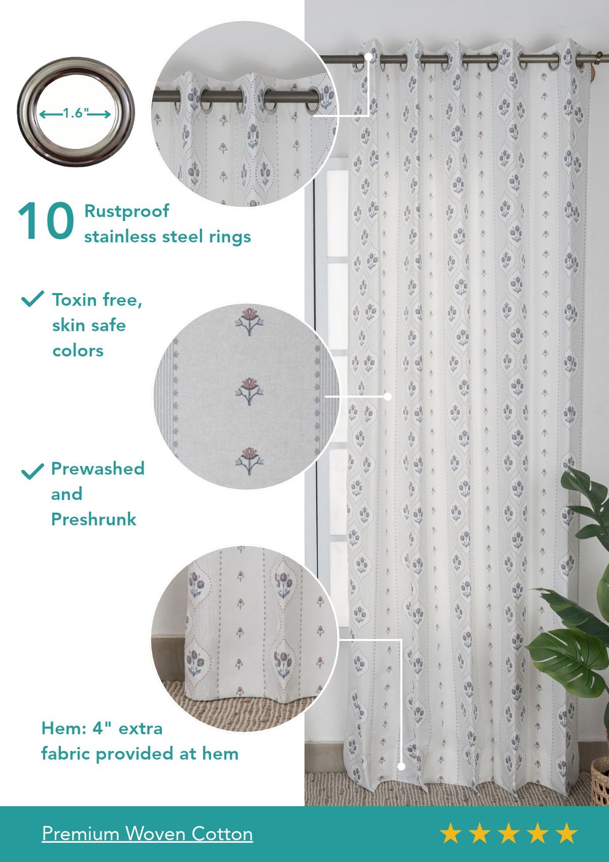 Meher Blue Floral 100% Cotton Printed Curtain For Livingroom / Bedroom | Light Reduction | Single Piece
