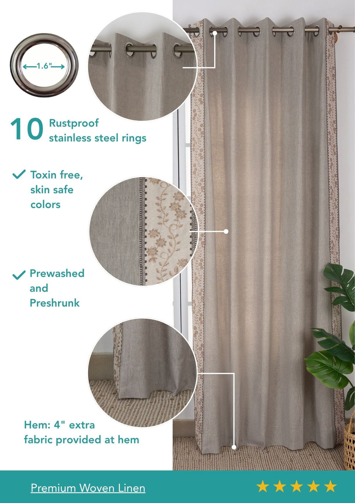 Mogra Elephant Grey & Brown Floral Linen Cotton Blend Embroidered Curtain For Livingroom / Bedroom | Room Darkening | Single Piece