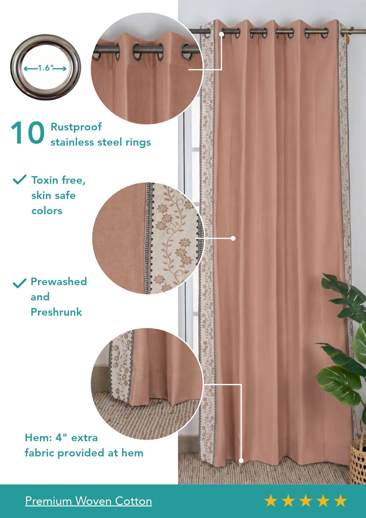 Mogra Mahogany Brown & Grey Floral 100% Cotton Embroidered Curtain For Livingroom / Bedroom | Room Darkening | Single Piece