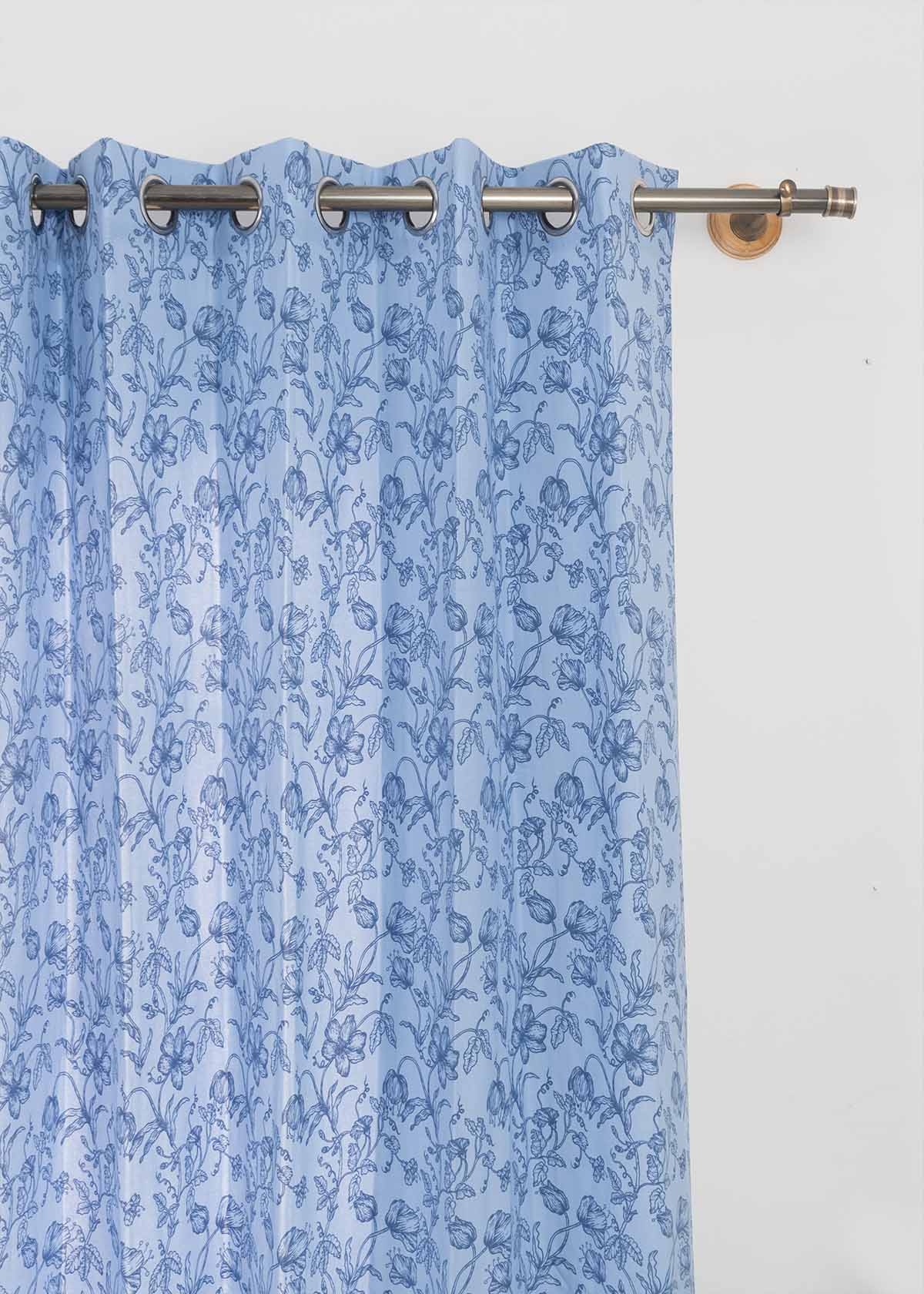 French Farmhouse 100% cotton floral curtain for living room - Room darkening - Blue - Single Piece