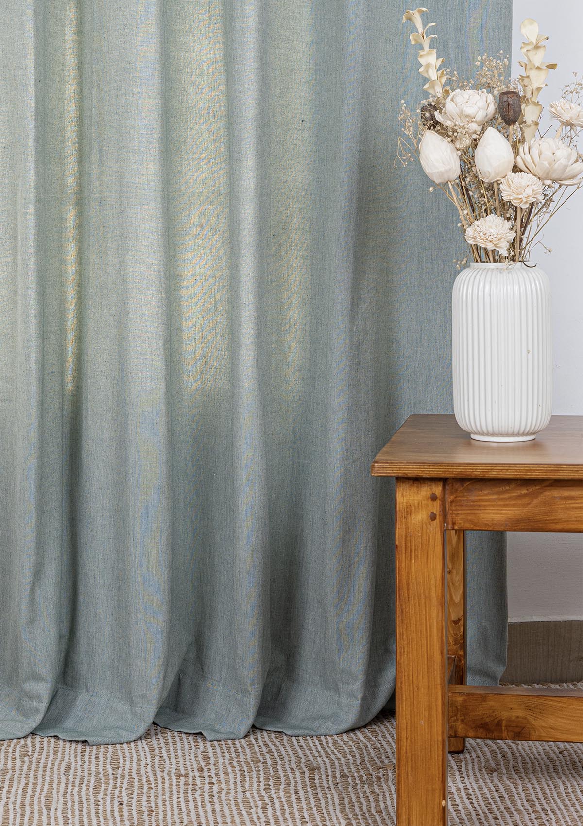 Ocean Teal Linen Plain Room Darkening Curtain & Laya Printed Sheer - 100% Cotton for Living Room & Bedroom - Pack of 4