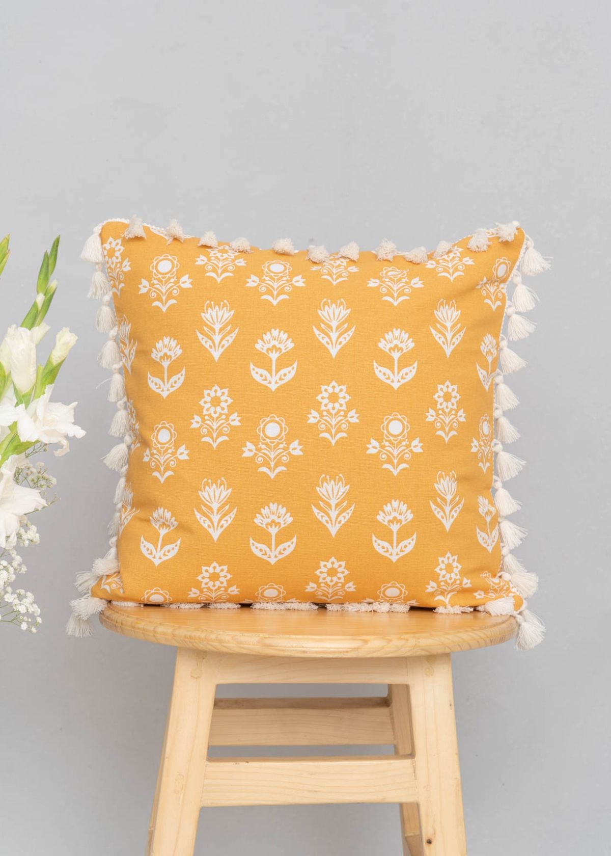 Dahlia Printed Cotton Cushion Cover - Mustard