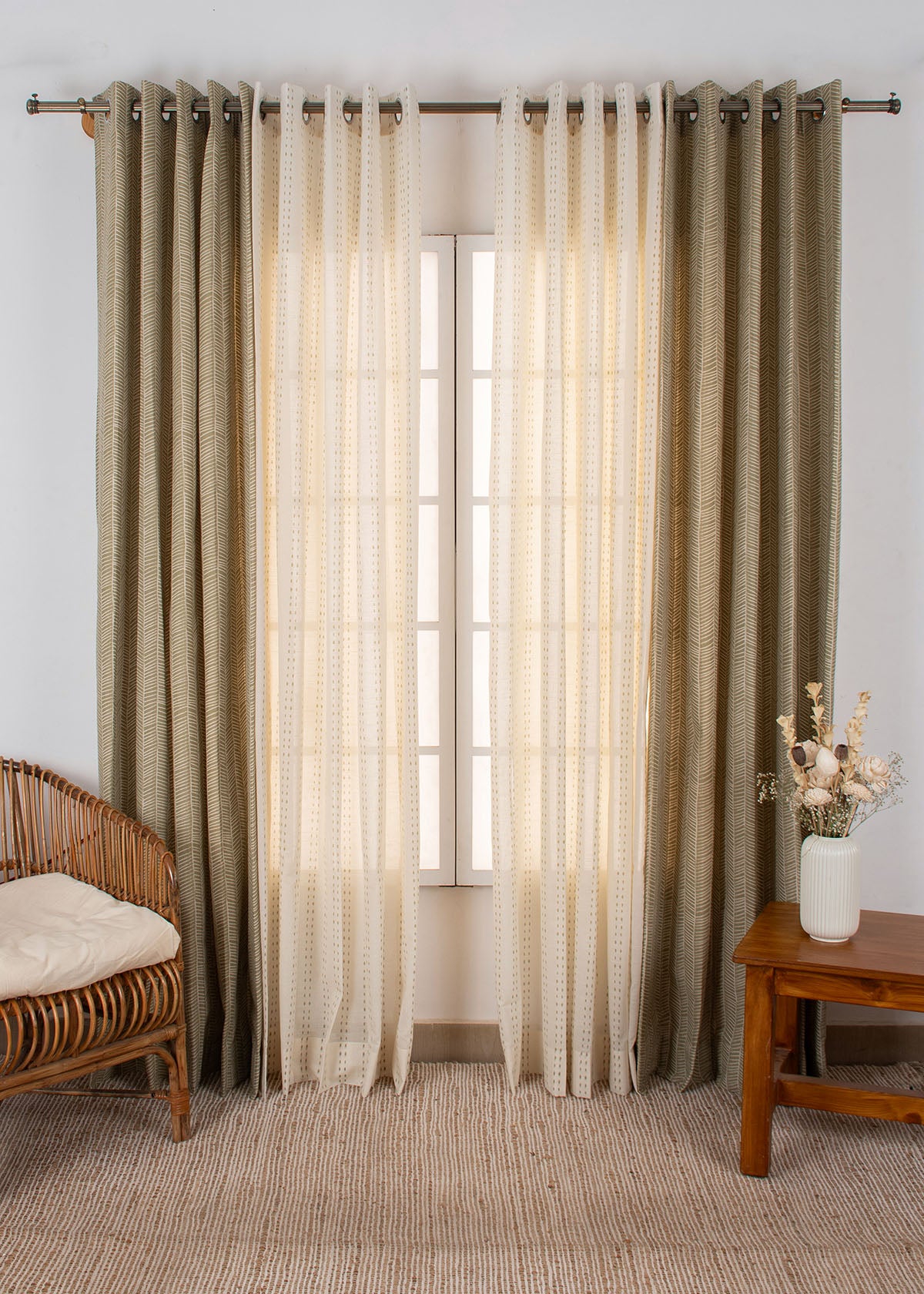 Rustle Herb Green Geometric Room-Darkening & Dew Herb Green Minimal Sheer - 100% Cotton Curtains for Living Room & Bedroom - Pack of 4