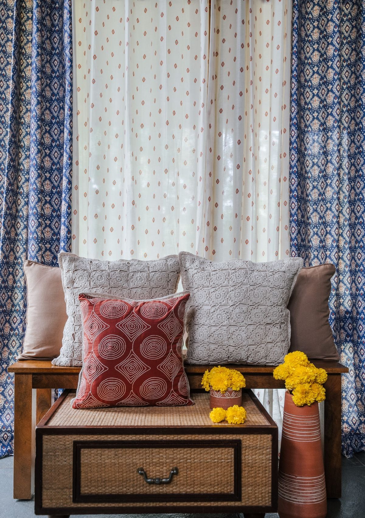 Noor Royal Blue and Brick Red minimal 100% cotton sheer curtain for living room - Light filtering - Single Piece