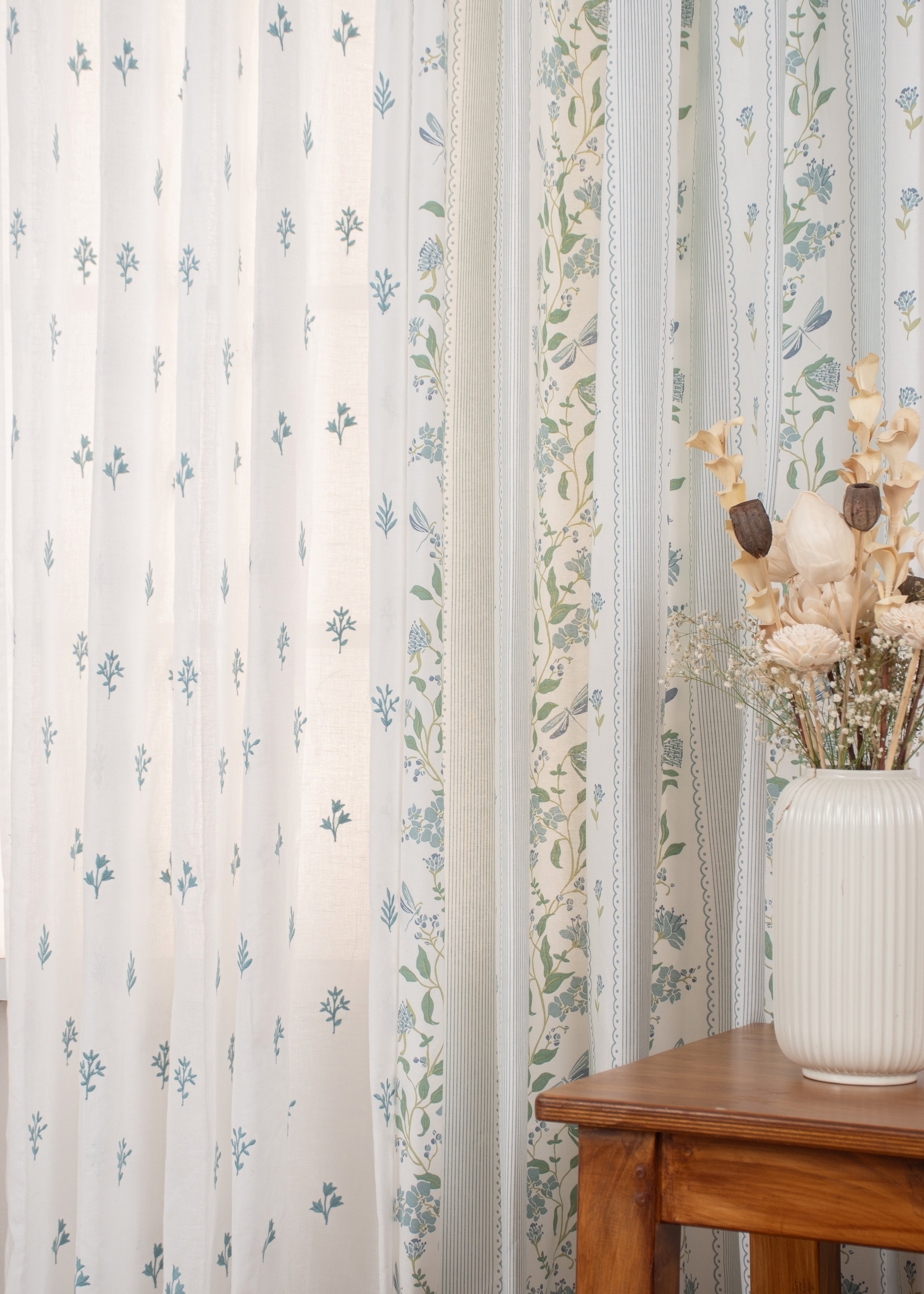Flutter Floral Light-Reducing & Petal Embroidered Sheer - Nile Blue 100% Cotton Curtains for Living Room - Pack of 4