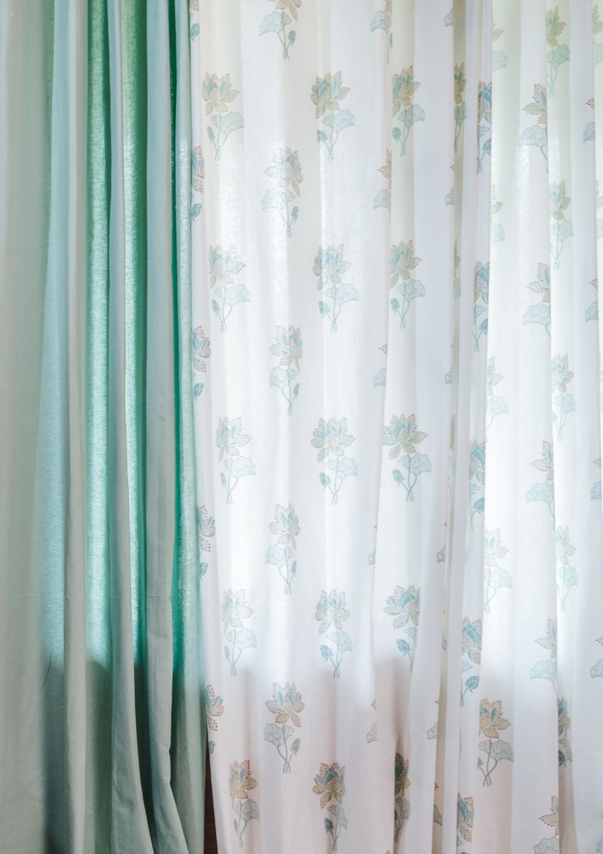 Kamala Floral Printed 100% Cotton Curtain for Living Room and Bedroom - Nile blue and Leaf Green - Single Piece