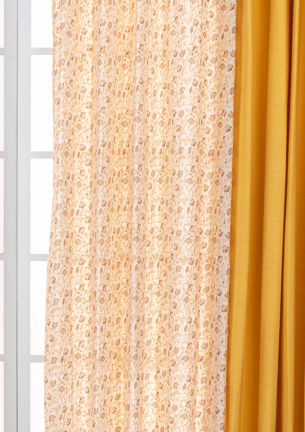 Calico with Solid Mustard Set Of 2 Combo Cotton Curtain - Mustard and Beige