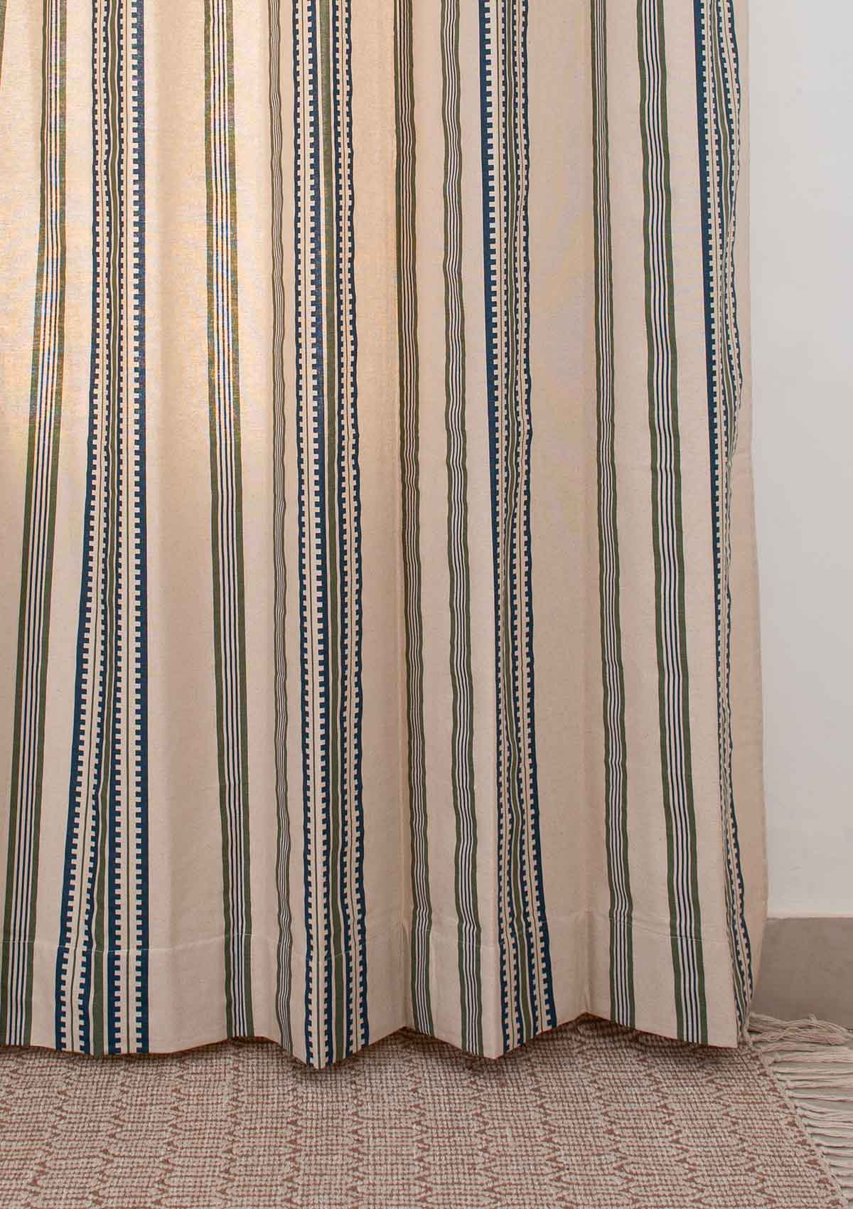 Roman Stripes Printed Cotton Curtain - Pepper Green and Night Blue