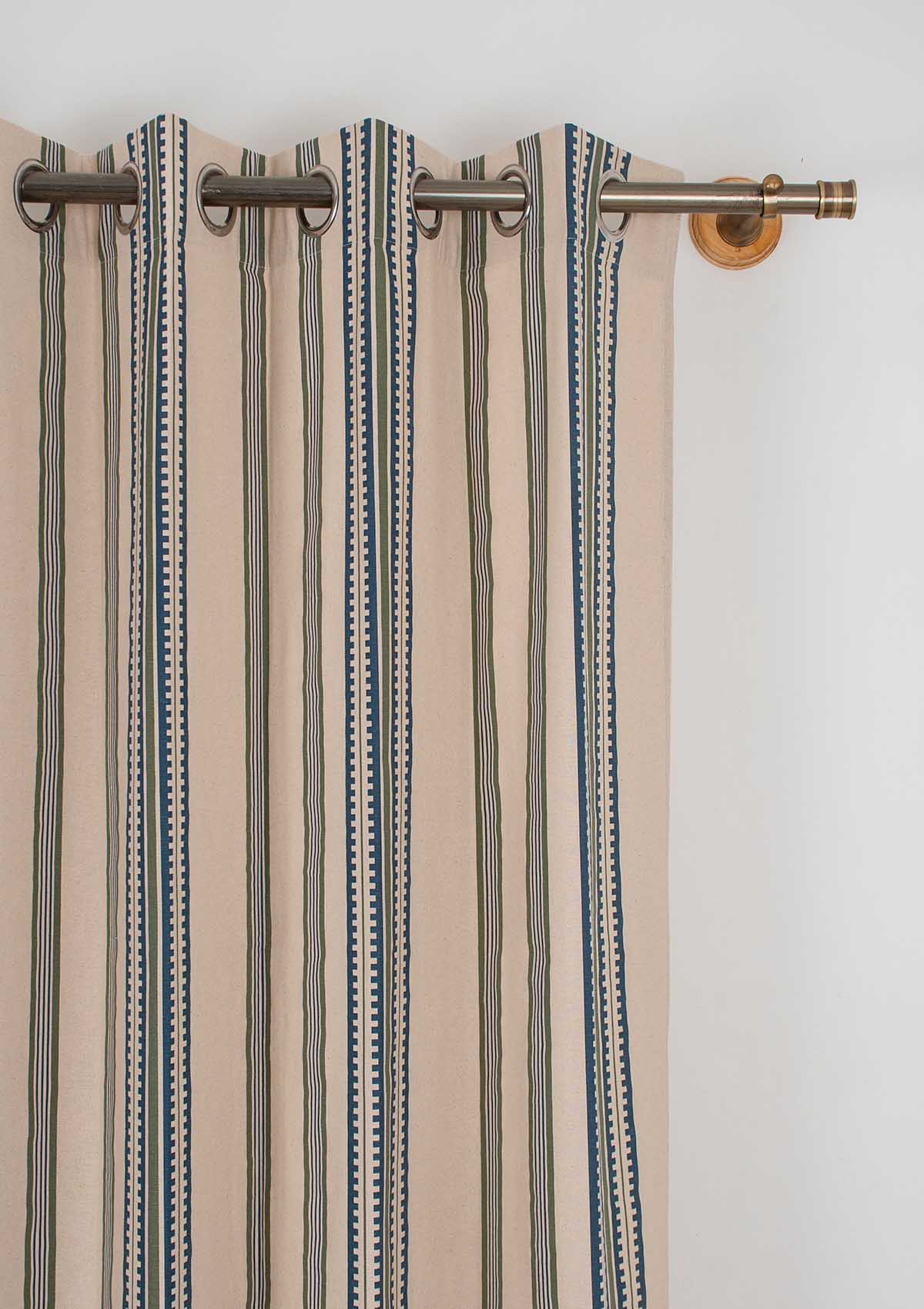 Roman Stripes Printed Cotton Curtain - Pepper Green and Night Blue