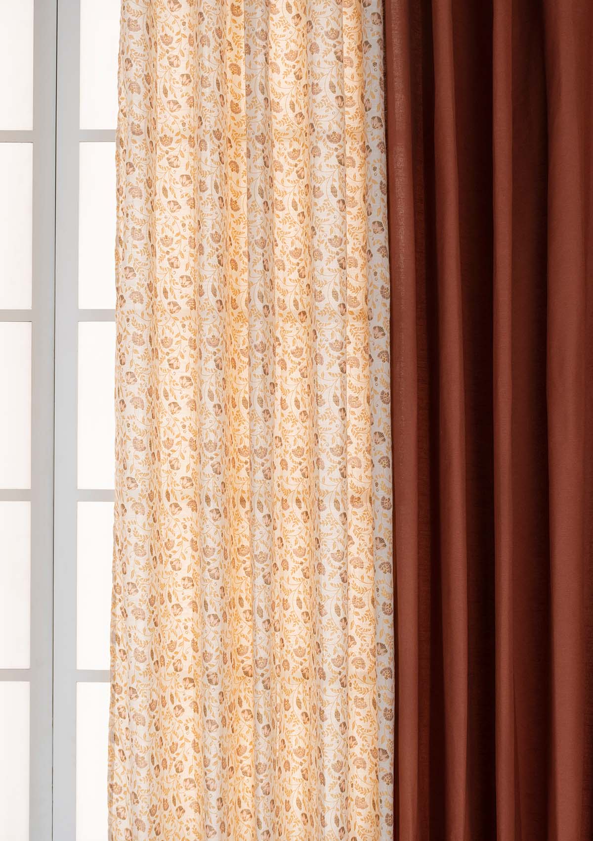 Calico with Solid Brick Red Set Of 2 Combo Cotton Curtain - Red and Beige
