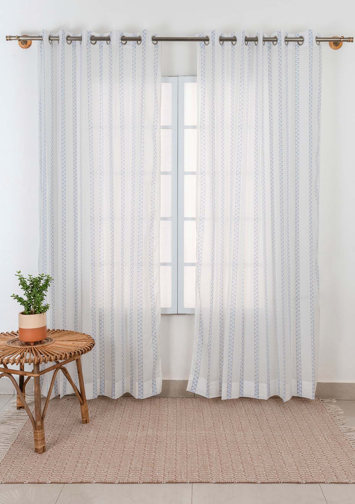 Oriental Stripes 100% Cotton Sheer Geometric curtain for Living room & bedroom - Light filtering - Powder Blue - Pack of 1