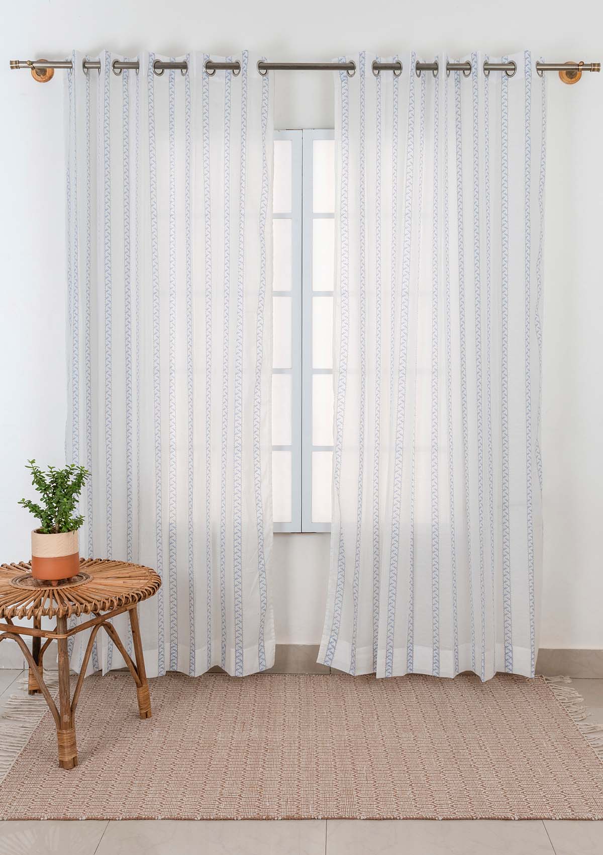 Oriental Stripes 100% Cotton Sheer Geometric curtain for Living room & bedroom - Light filtering - Powder Blue - Single Piece