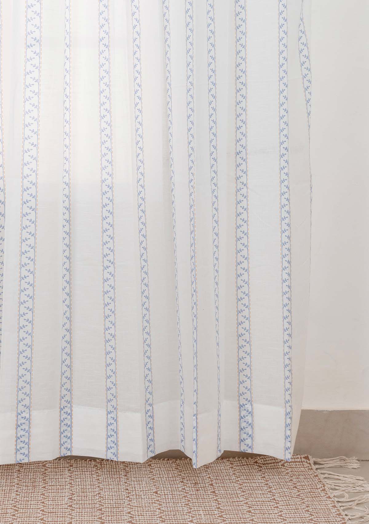 Oriental Stripes 100% Cotton Sheer Geometric curtain for Living room & bedroom - Light filtering - Powder Blue - Pack of 1