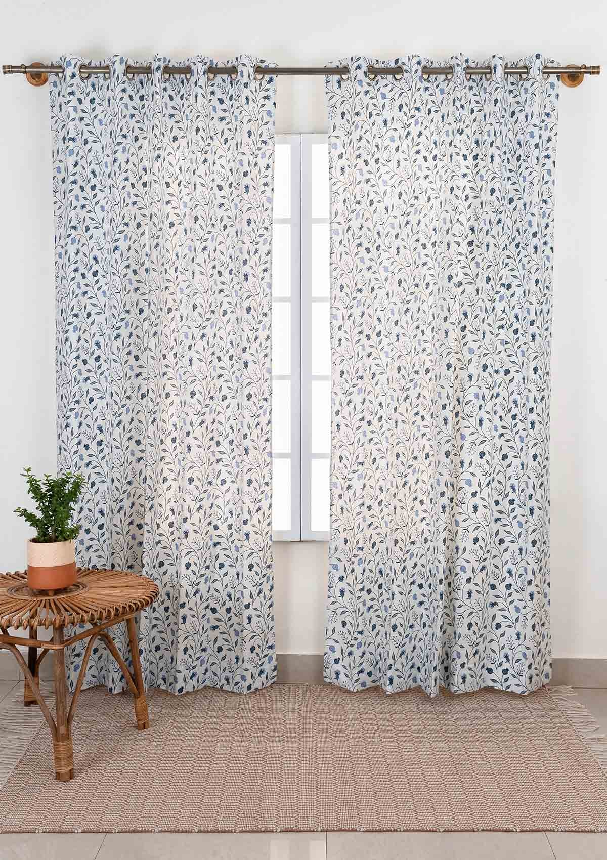 Blue Ruby 100% cotton floral curtain for living room - Room darkening - Indigo - Pack of 1