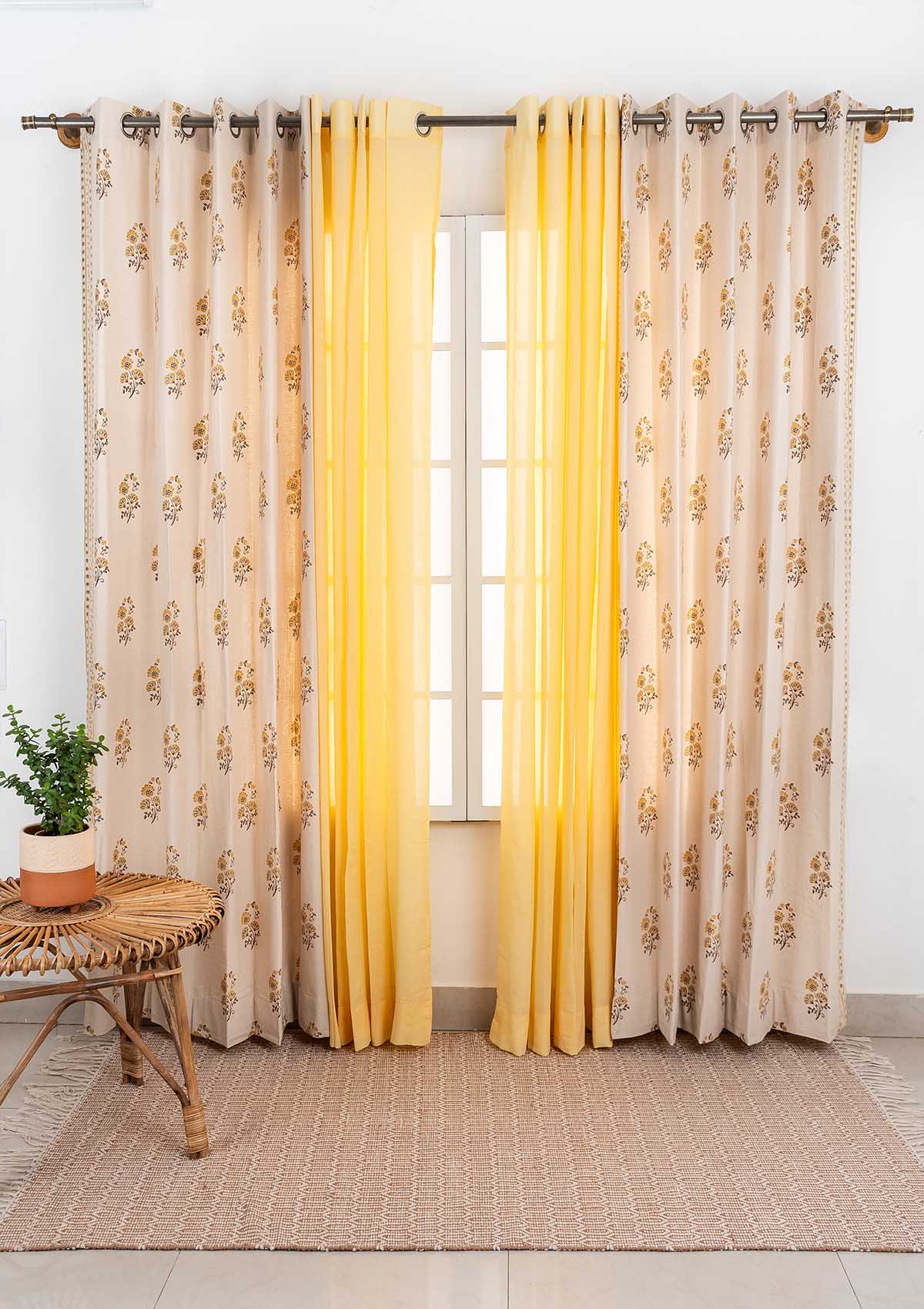 Indus with Turmeric Set Of 4 Combo Cotton Curtain - Beige And Yellow
