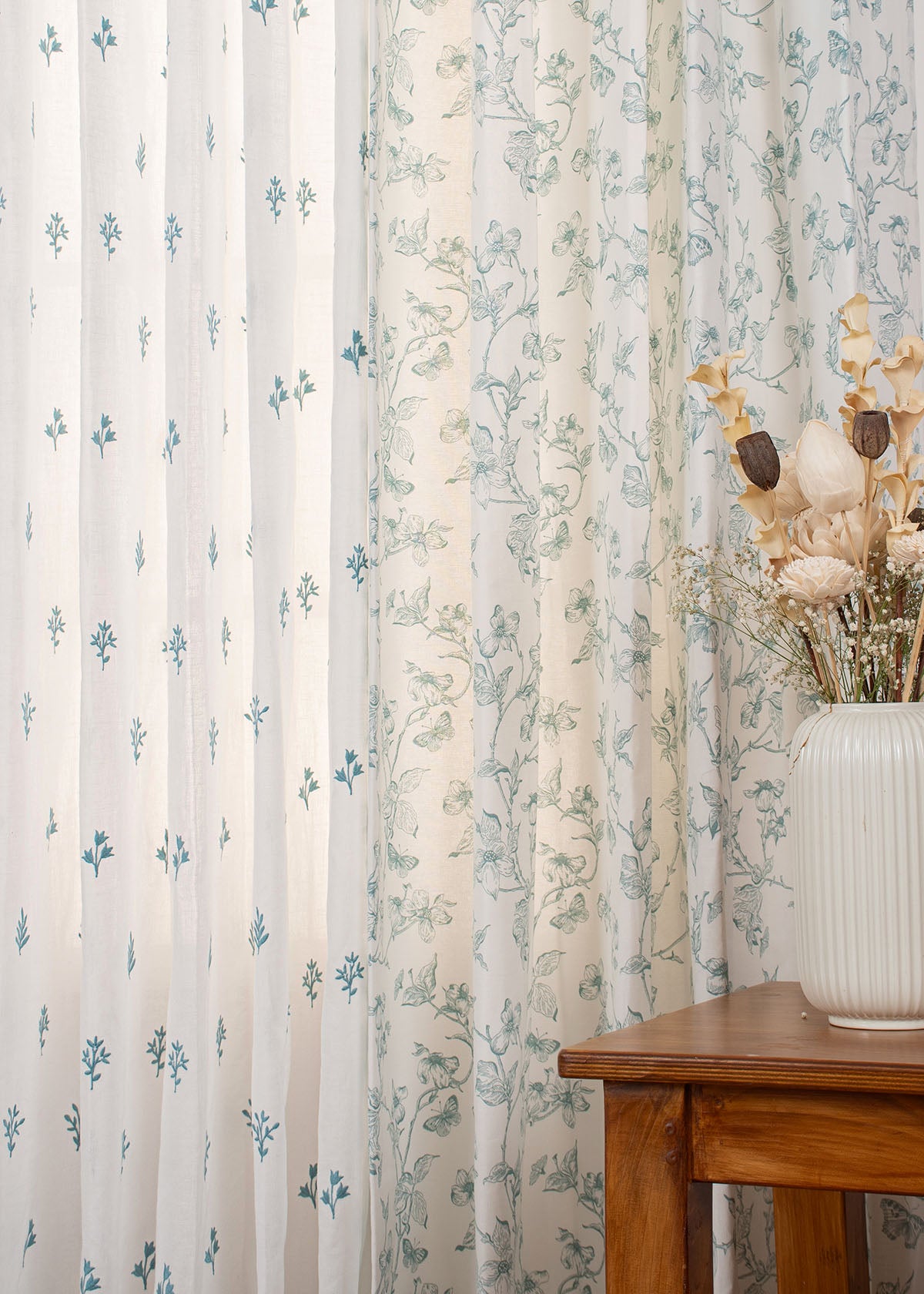Willow Floral Light-Reducing & Petal Embroidered Sheer - Nile Blue 100% Cotton Curtains for Living Room - Pack of 4