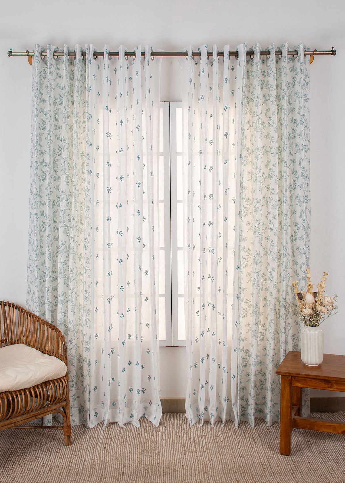 Willow Floral Light-Reducing & Petal Embroidered Sheer - Nile Blue 100% Cotton Curtains for Living Room - Pack of 4