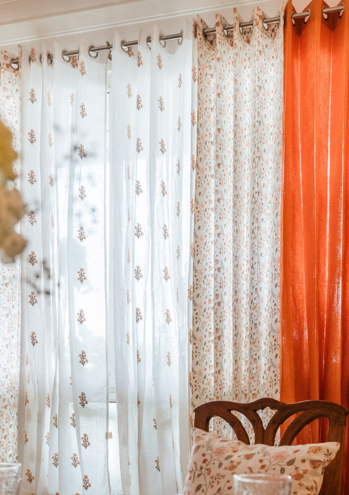 Spring 100% cotton embroidered floral sheer curtain for living room - Light filtering - Orange - Single - Single Piece