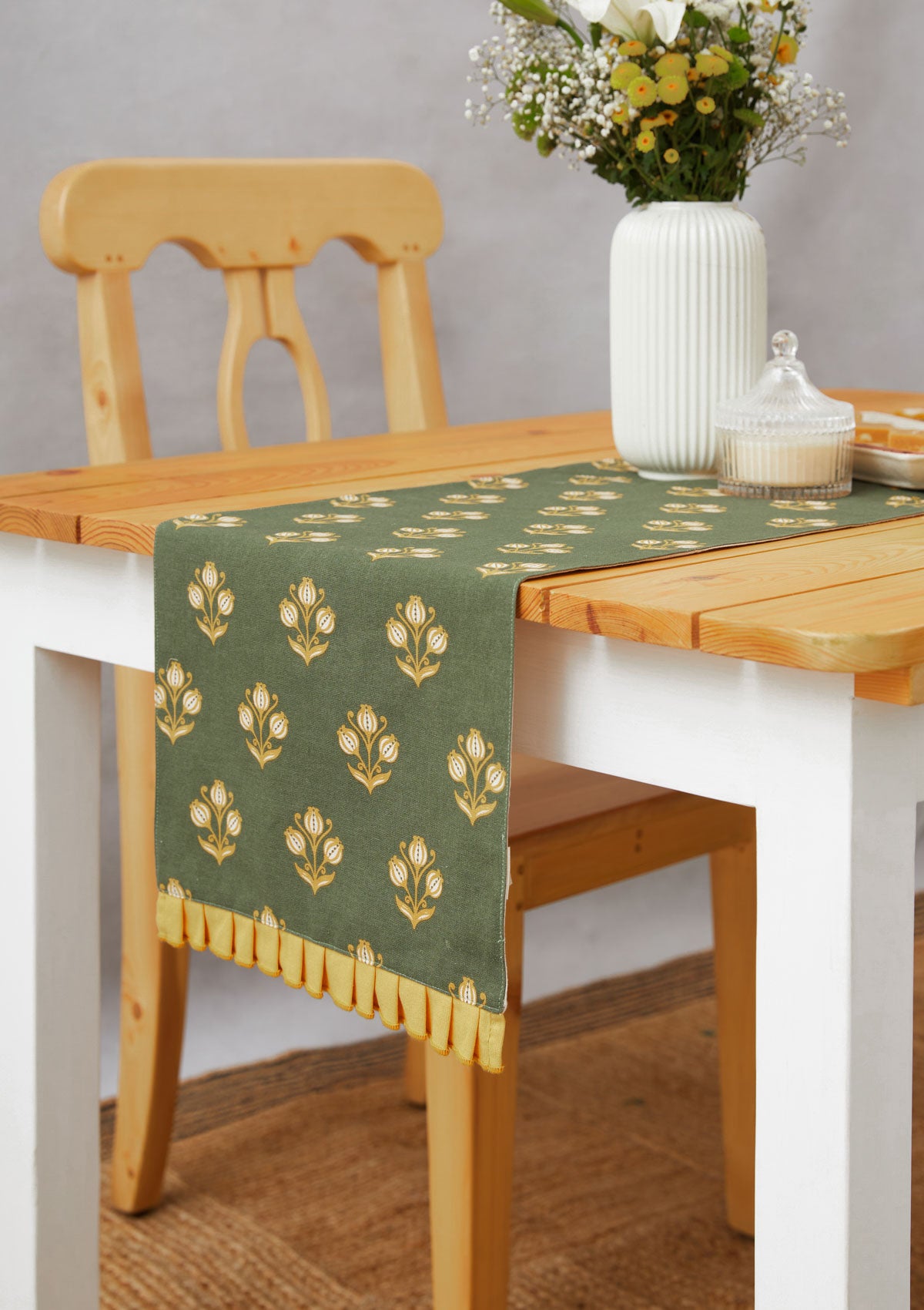 Alleppey 100% cotton ethnic table runner for 4 seater or 6 seater Dining with tassels - Pepper green