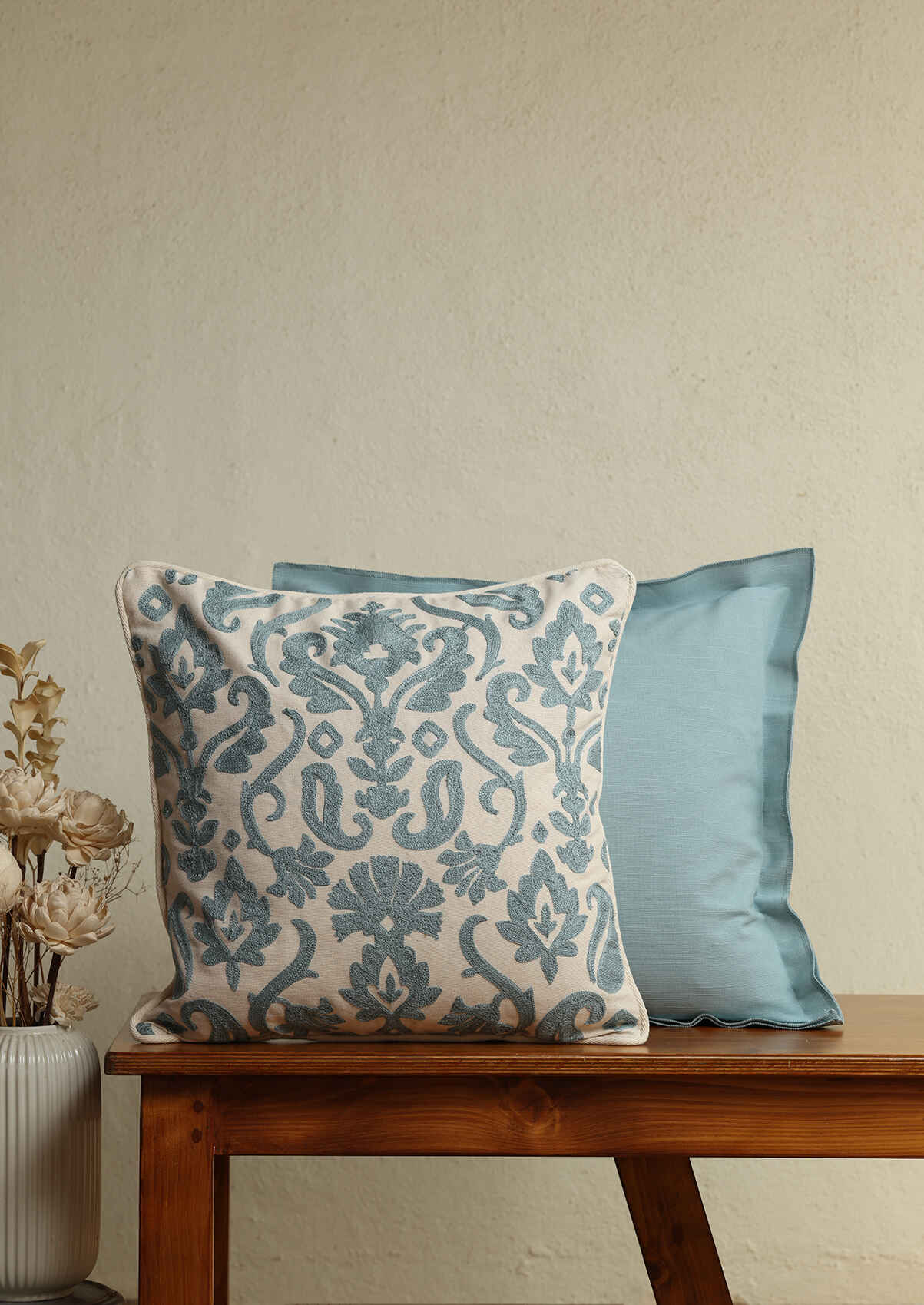 Amelia & Marine Teal Solid Embroidered |100% Cotton Cushion Covers for Sofa | Teal | Pack of 2