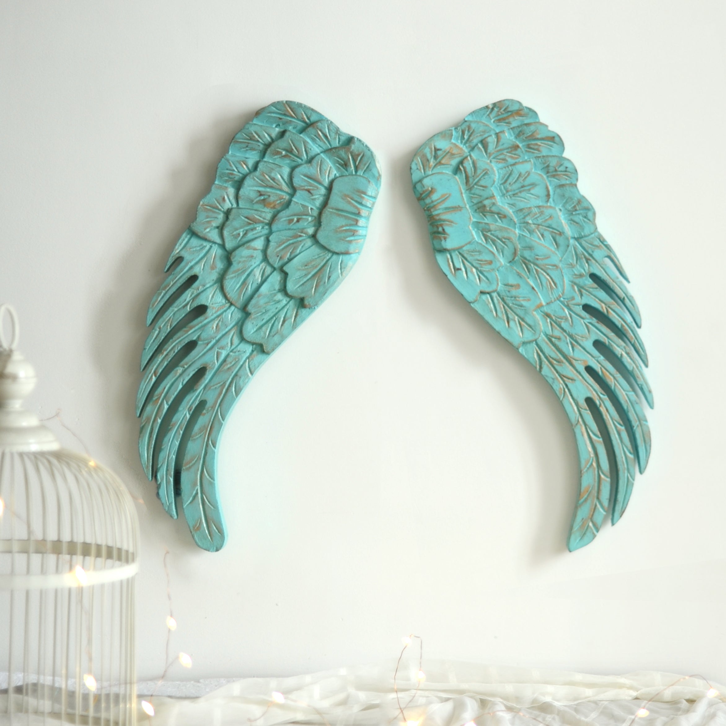 Teak Wood Angel Wings In Teal