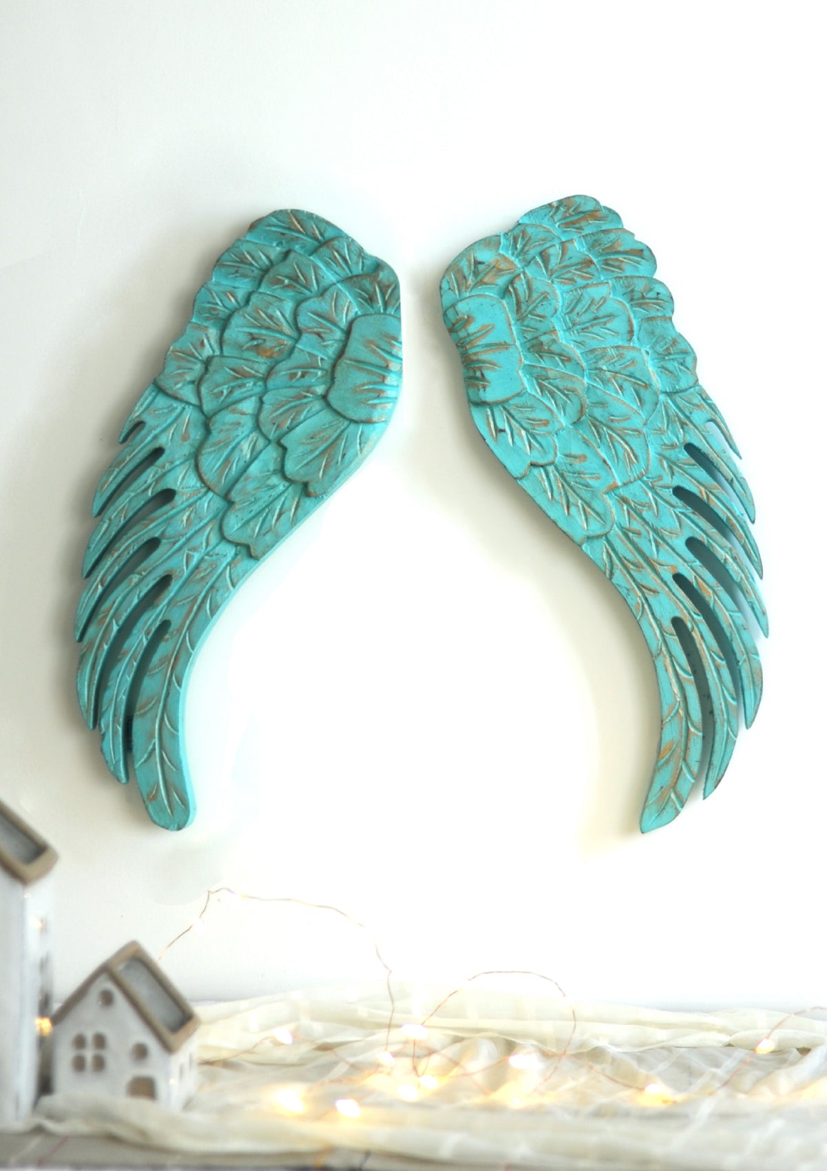 Teak Wood Angel Wings In Teal