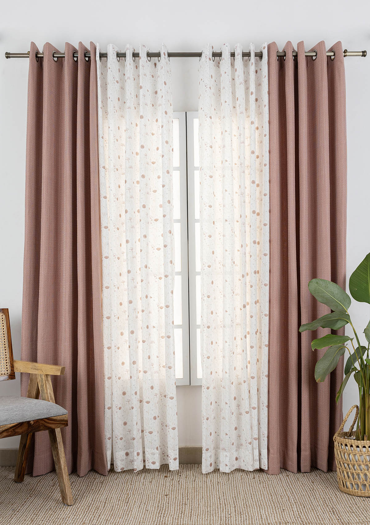 Ash Textured Room Darkening & Ballet Printed Sheer Light Reduction | 100% Cotton for Living Room & Bedroom | Floral | Pink | Combo Curtains | Pack of 4