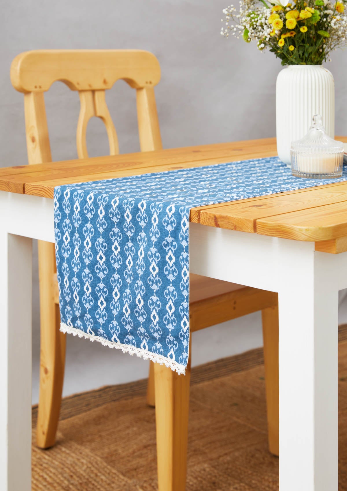 Azure 100% cotton elegant table runner for 4 seater or 6 seater Dining with tassels - Night blue