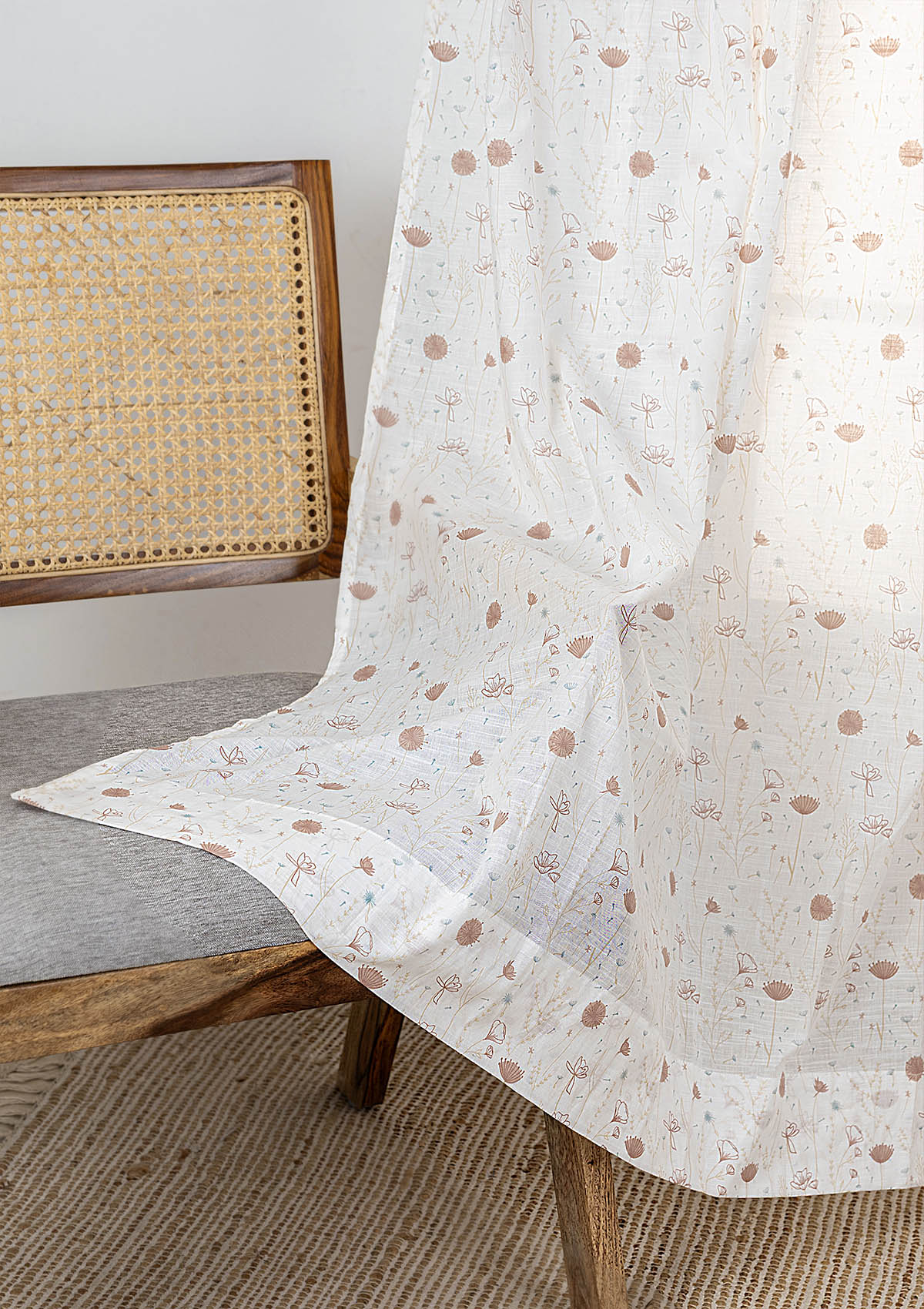 Ballet Pink Floral Printed 100% Cotton Sheer Curtain For Living Room | Light Reduction | Single Piece