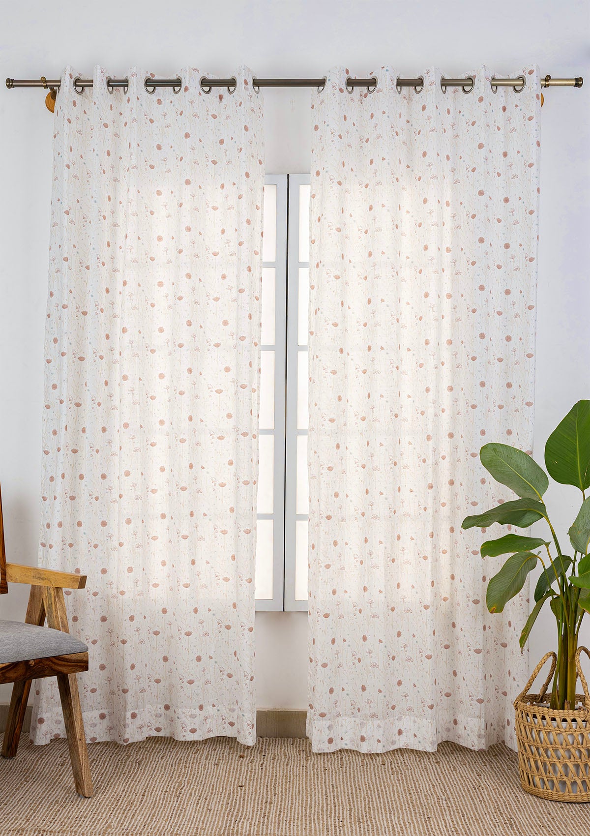Elba Embroidered Trim Room Darkening & Ballet Printed Sheer Light Reduction | 100% Cotton for Living Room & Bedroom | Floral | White & Pink | Combo Curtains | Pack of 4