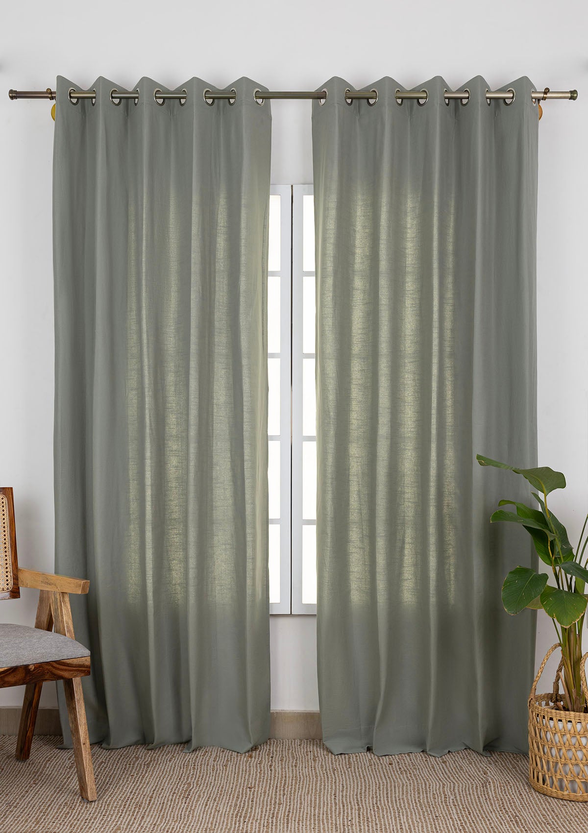 Basil Solid Room Darkening & Casara Printed Linen Light Reduction | 100% Cotton for Living Room & Bedroom | Solid & Geometric | Green | Combo Curtains | Pack of 4
