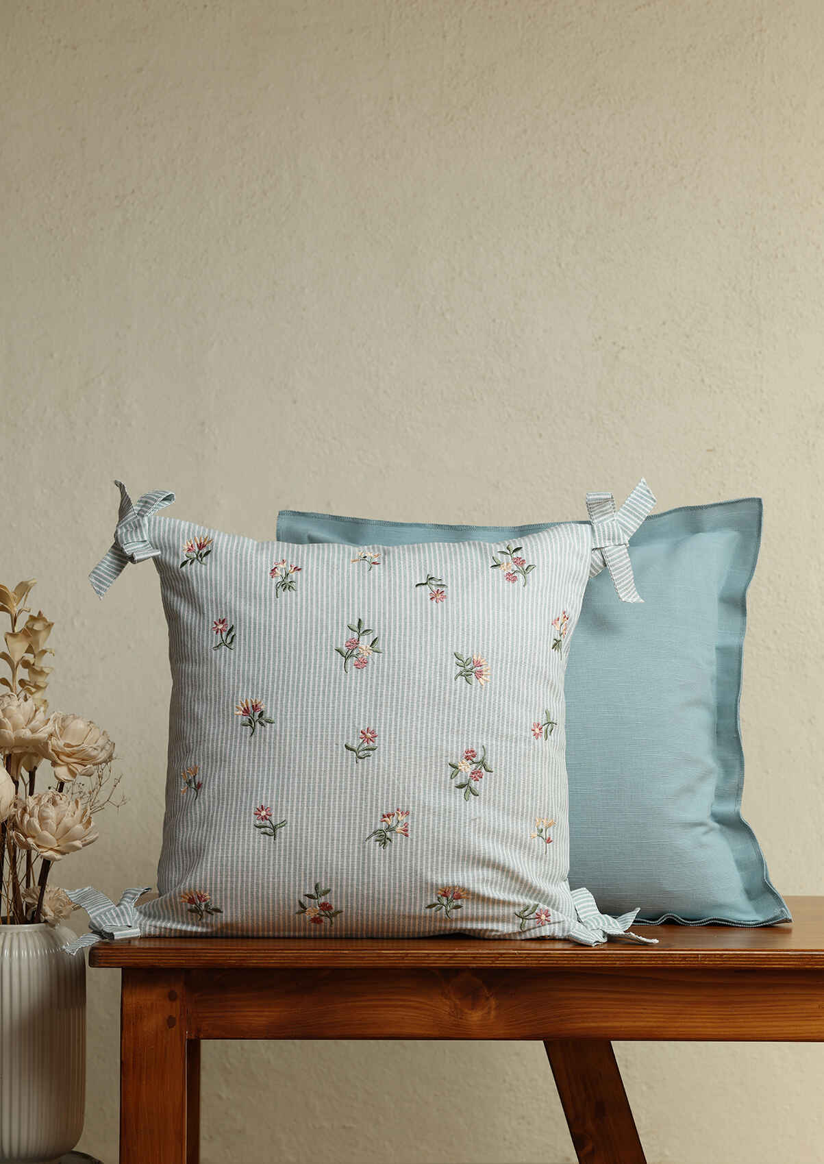Belle & Marine Teal Solid Embroidered |100% Cotton Cushion Covers for Sofa | Teal | Pack of 2