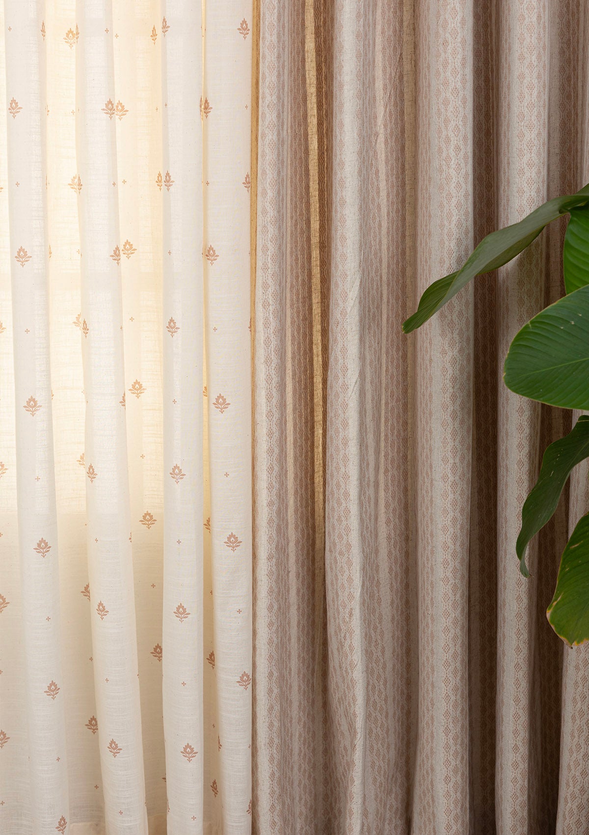 Biscotti Textured Light Filtering & Cava Minimal Printed Sheer Light Reduction | 100% Cotton for Living Room & Bedroom | Beige & Rust | Combo Curtains | Pack of 4