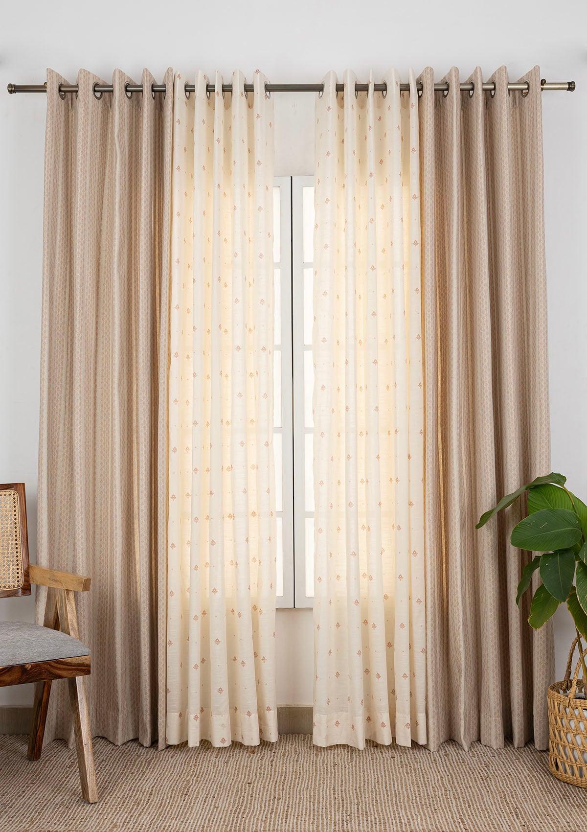 Biscotti Textured Light Filtering & Cava Minimal Printed Sheer Light Reduction | 100% Cotton for Living Room & Bedroom | Beige & Rust | Combo Curtains | Pack of 4