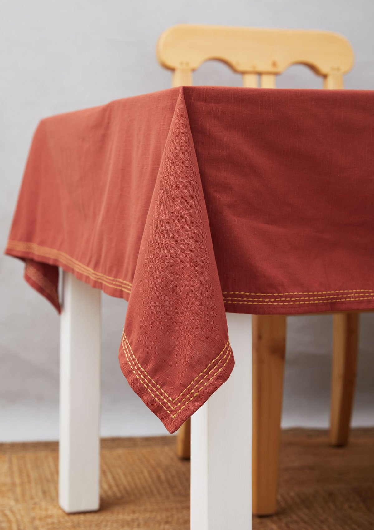 Burnt Brick Embroidered Cotton Table Cloth - Red