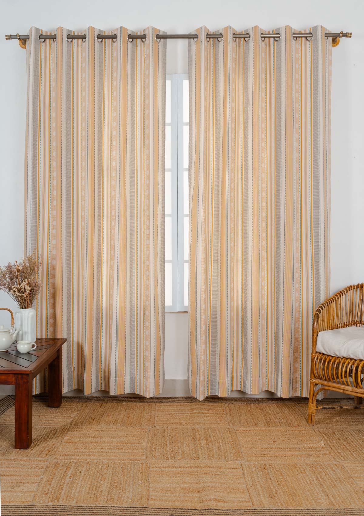 Buru Boho Printed Light Reduction & Dew Sheer Light Filtering | 100% Cotton for Living Room & Bedroom | Mustard & Cream | Combo Curtains | Pack of 4