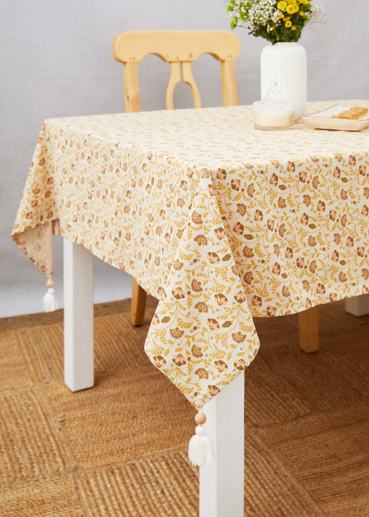 Calico Printed 100% cotton floral table cloth with tassel for 4 seater or 6 seater dining - Amber
