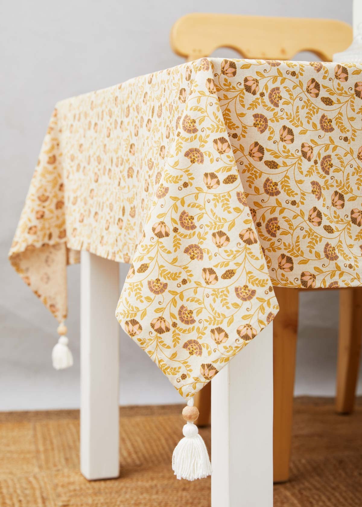 Calico Printed 100% cotton floral table cloth with tassel for 4 seater or 6 seater dining - Amber