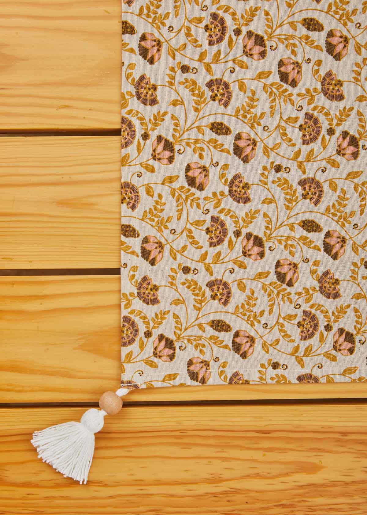 Calico Printed 100% cotton floral table cloth with tassel for 4 seater or 6 seater dining - Amber