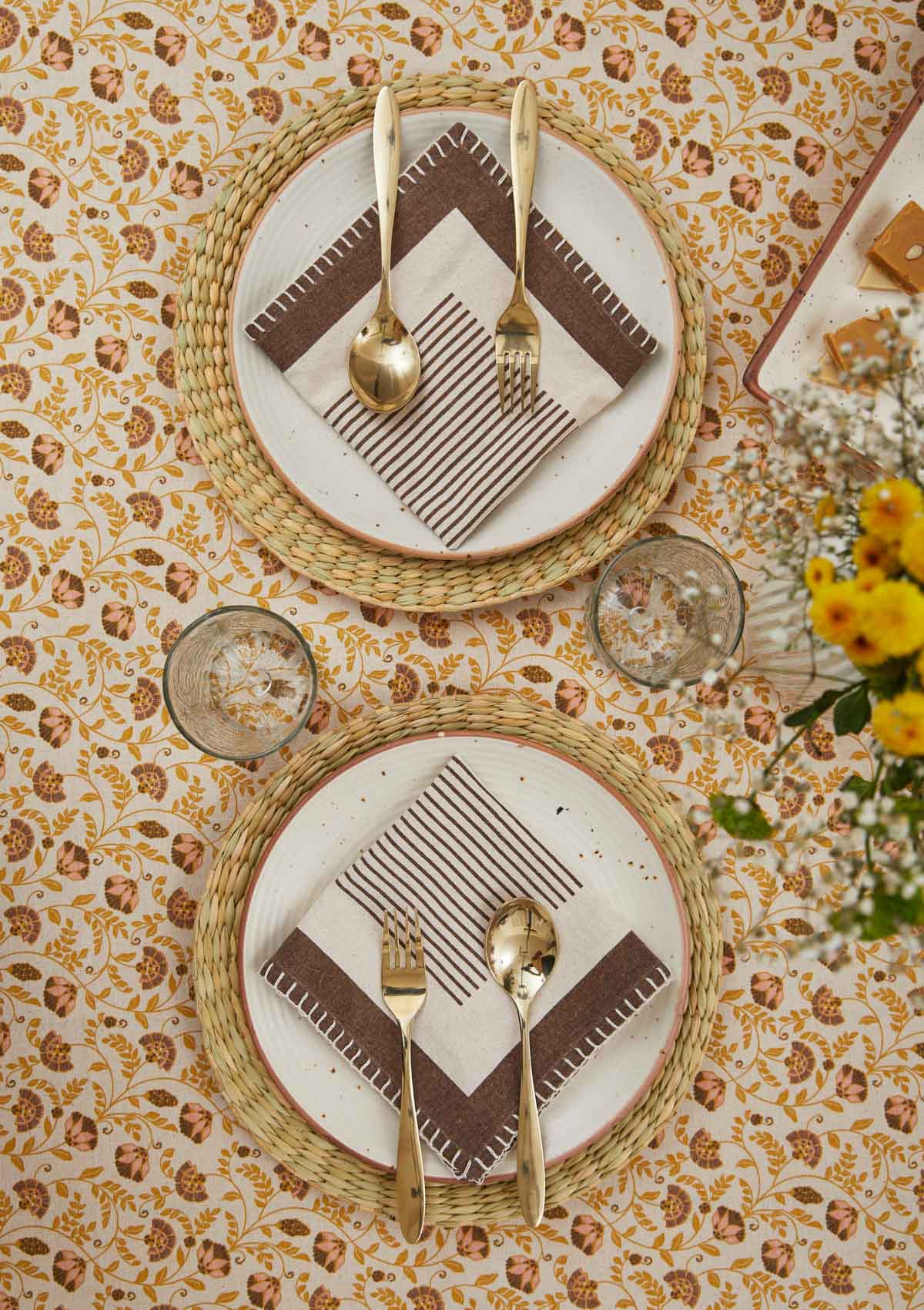 Calico Printed 100% cotton floral table cloth with tassel for 4 seater or 6 seater dining - Amber