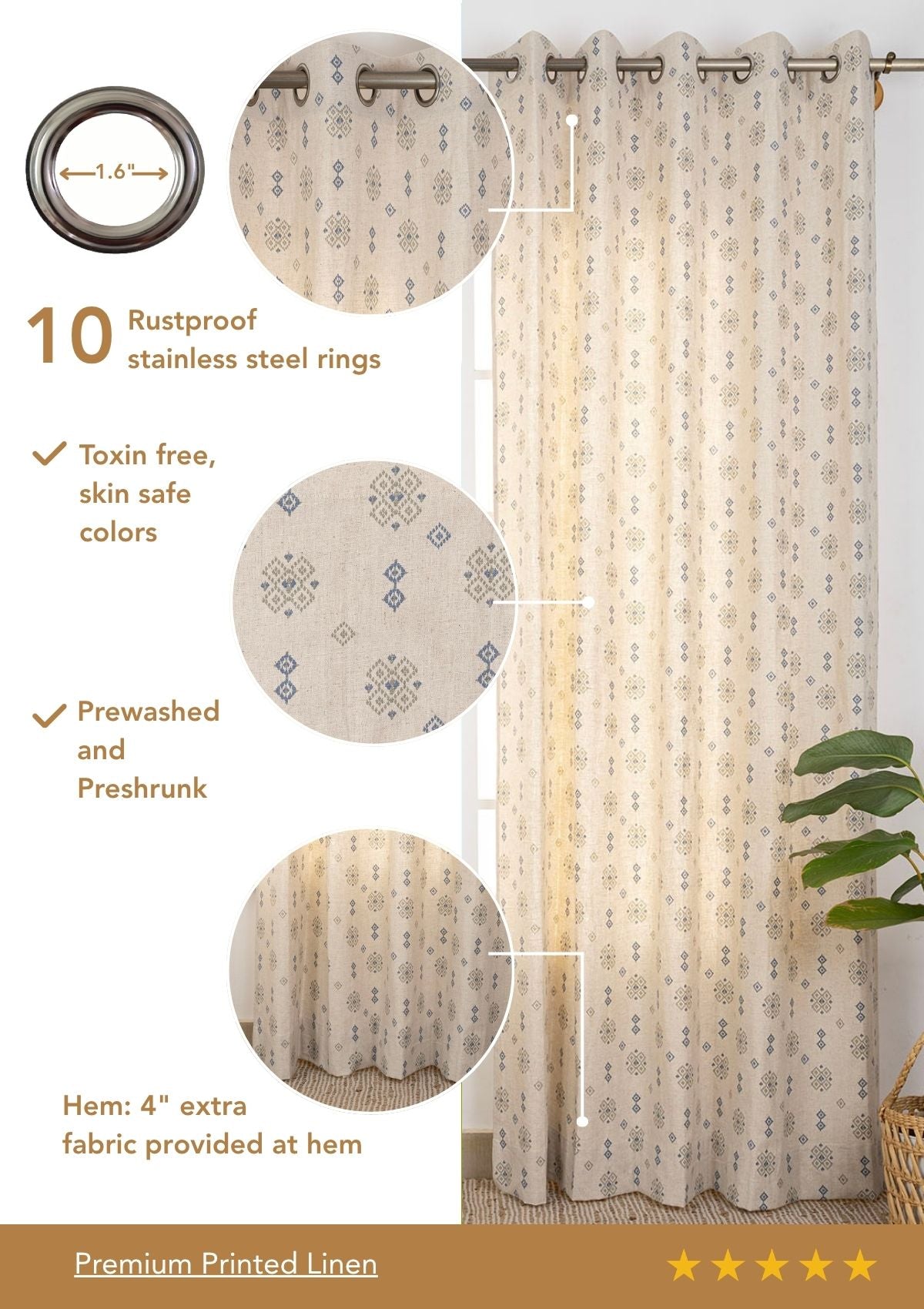 Casara Green Geometric Printed 100% Cotton Linen Curtain For Living Room | Light Reduction - Single Piece