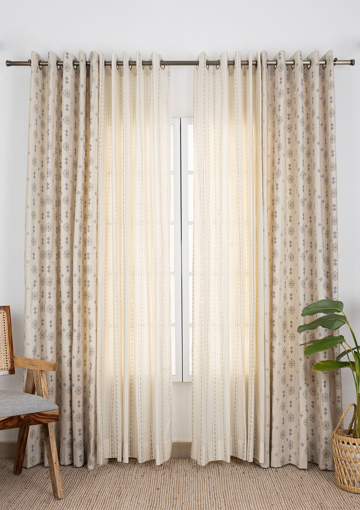 Casara Light Reduction & Juniper Printed Sheer Light Reduction | 100% Cotton for Living Room & Bedroom | Geometric & Floral | Green | Combo Curtains | Pack of 4
