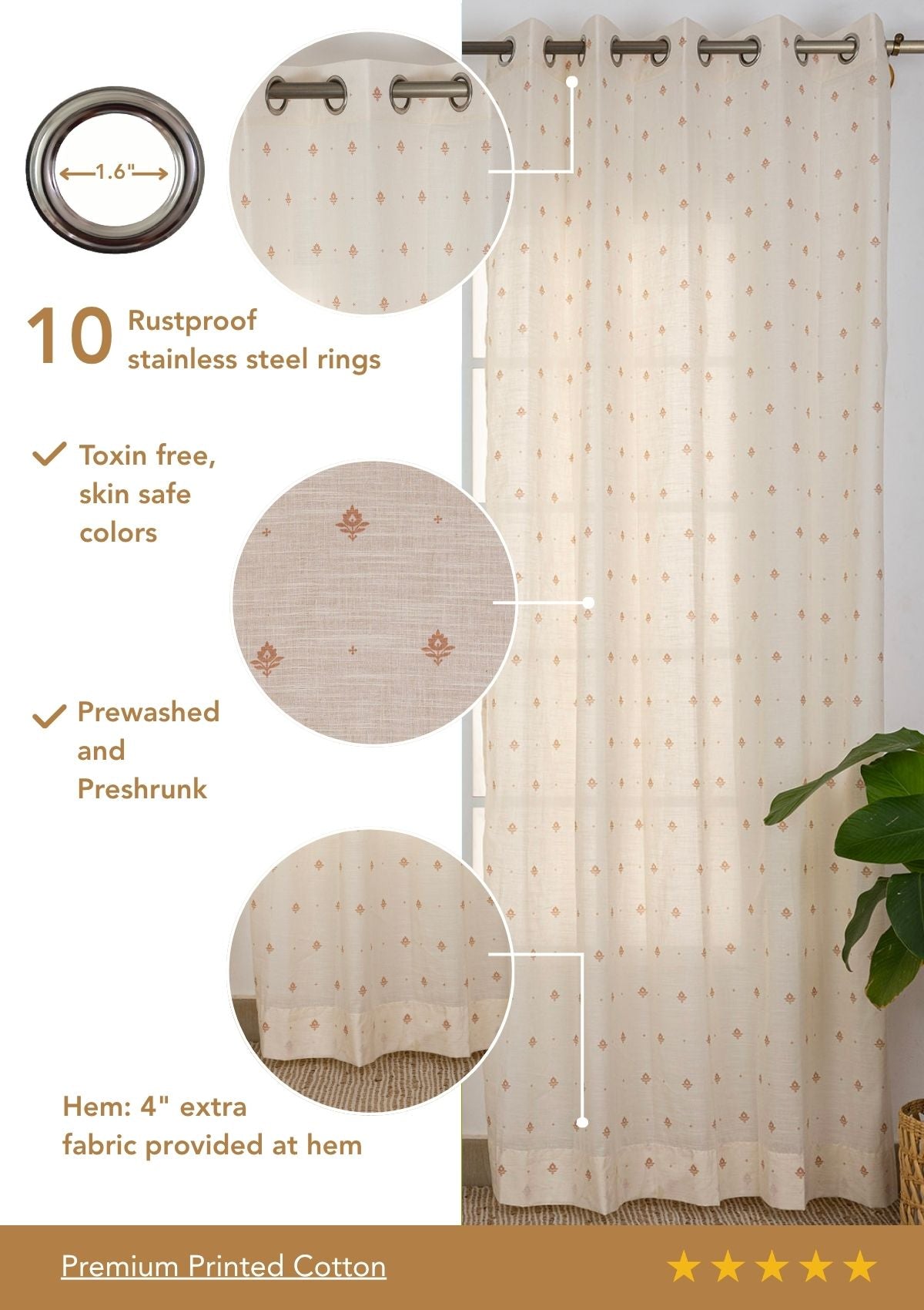 Cava Rust Minimal Printed 100% Cotton Sheer Curtain For Living Room | Light Reduction | Single Piece