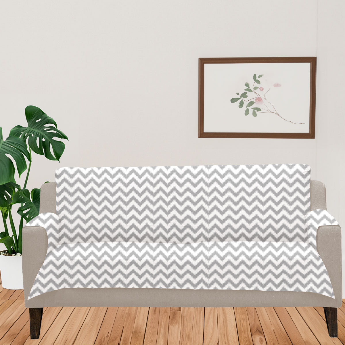 Ikat Chevron 100% Cotton geometric Sofa cover - Grey