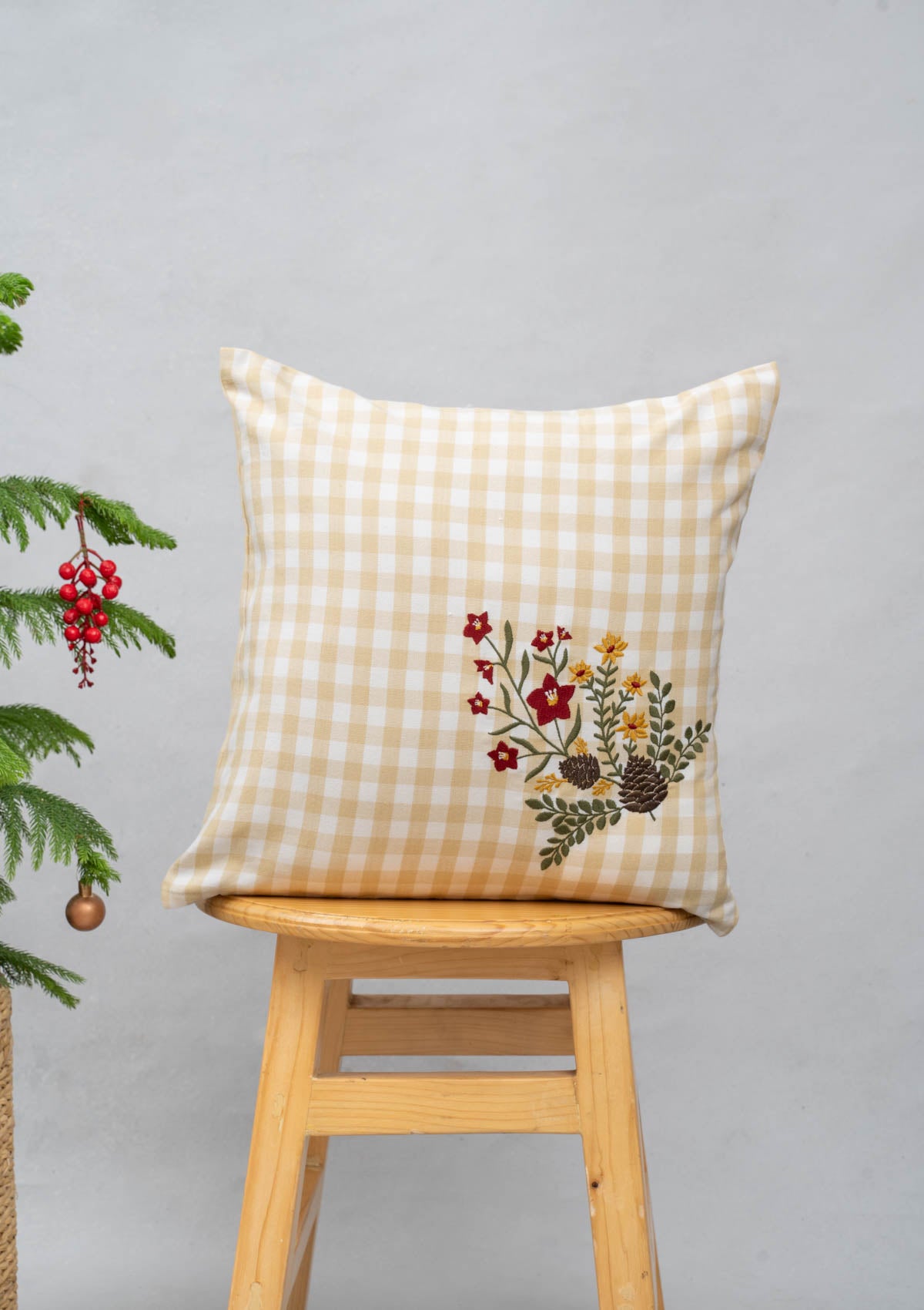 Conifers 100% cotton embroidered floral cushion cover for sofa - Cream